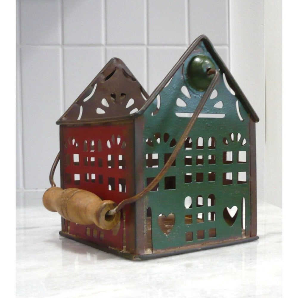 Vtg Granny Chic Cottage Core Metal House Basket Green Red Wooden Handle Hearts